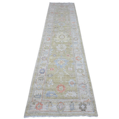 Oushak And Peshawar Wool Hand Knotted Rug Green Gray 2.8X11.6 -O089600