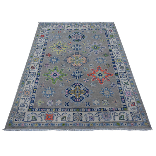 Kazak Wool Hand Knotted Rug Grey Ivory 4.10X6.1 -O089607