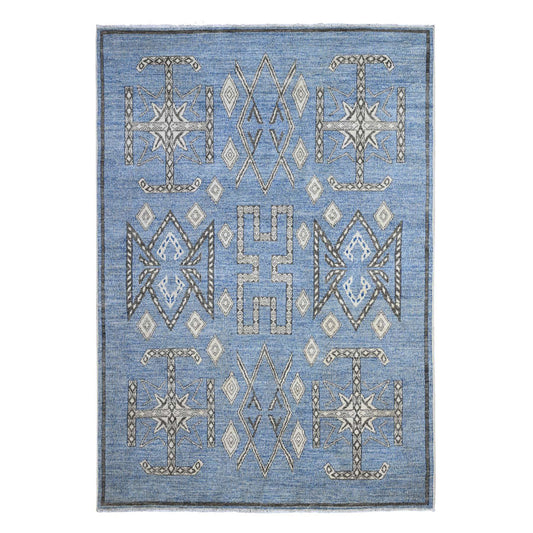 Oushak And Peshawar Wool Hand Knotted Rug Blue Black 5.11X8.8 -O089613
