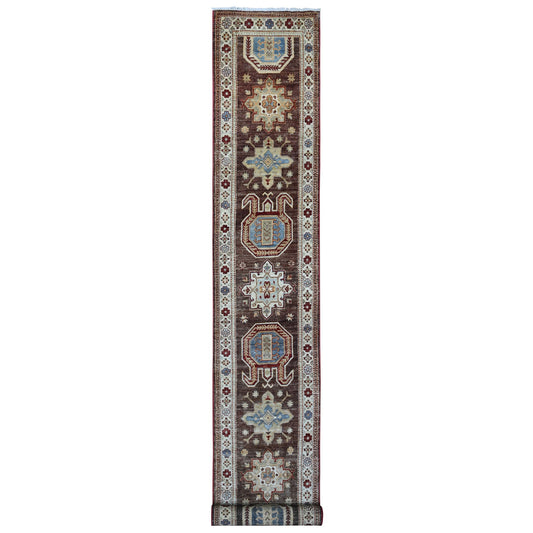 Kazak Wool Hand Knotted Rug Brown Ivory 2.6X19.5 -O089616