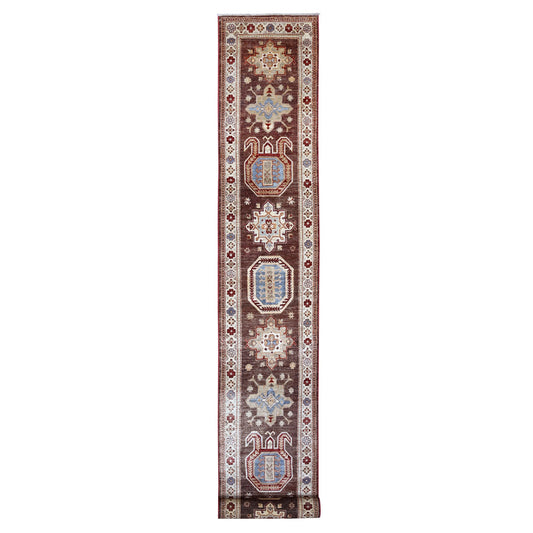 Kazak Wool Hand Knotted Rug Brown Ivory 2.5X20.5 -O089617