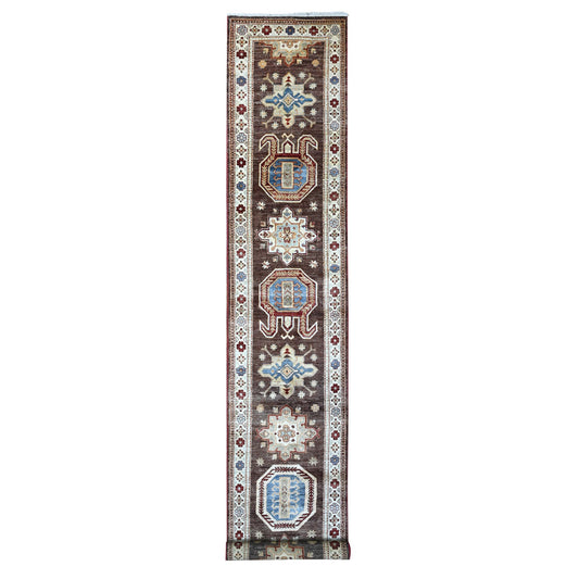 Kazak Wool Hand Knotted Rug Brown Ivory 2.8X17.4 -O089618
