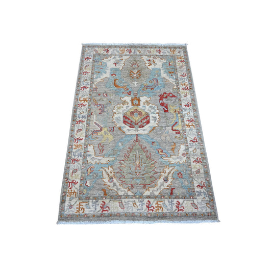 Oushak And Peshawar Wool Hand Knotted Rug Grey Ivory 3.0X4.8 -O089623