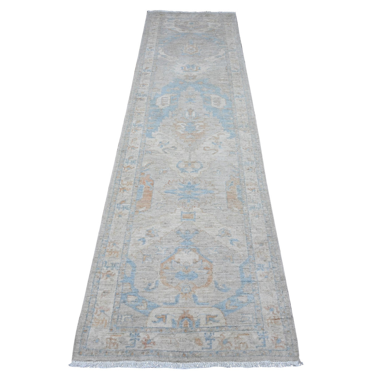 Gray 2'7" x 9'6" Oushak And Peshawar Hand knotted Wool Rug - Sku: O089627