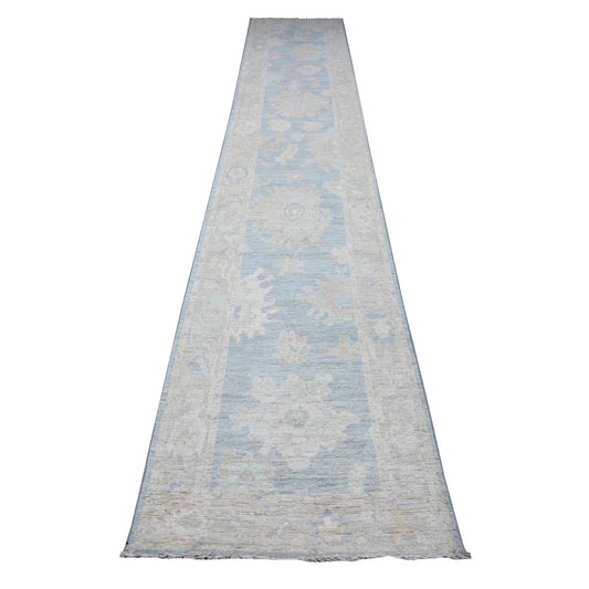 Oushak And Peshawar Wool Hand Knotted Rug Blue Gray 2.7X15.3 -O089630
