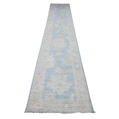 Oushak And Peshawar Wool Hand Knotted Rug Blue Gray 2.7X15.3 -O089630