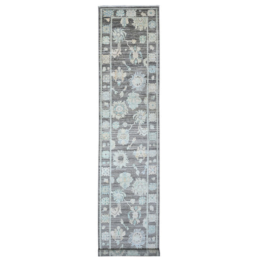 Oushak And Peshawar Wool Hand Knotted Rug Grey Gray 3.0X15.7 -O089636