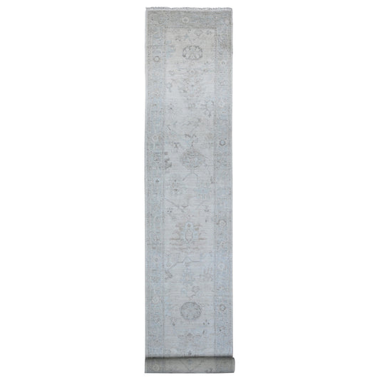 Oushak And Peshawar Wool Hand Knotted Rug Ivory Gray 2.9X19.0 -O089637