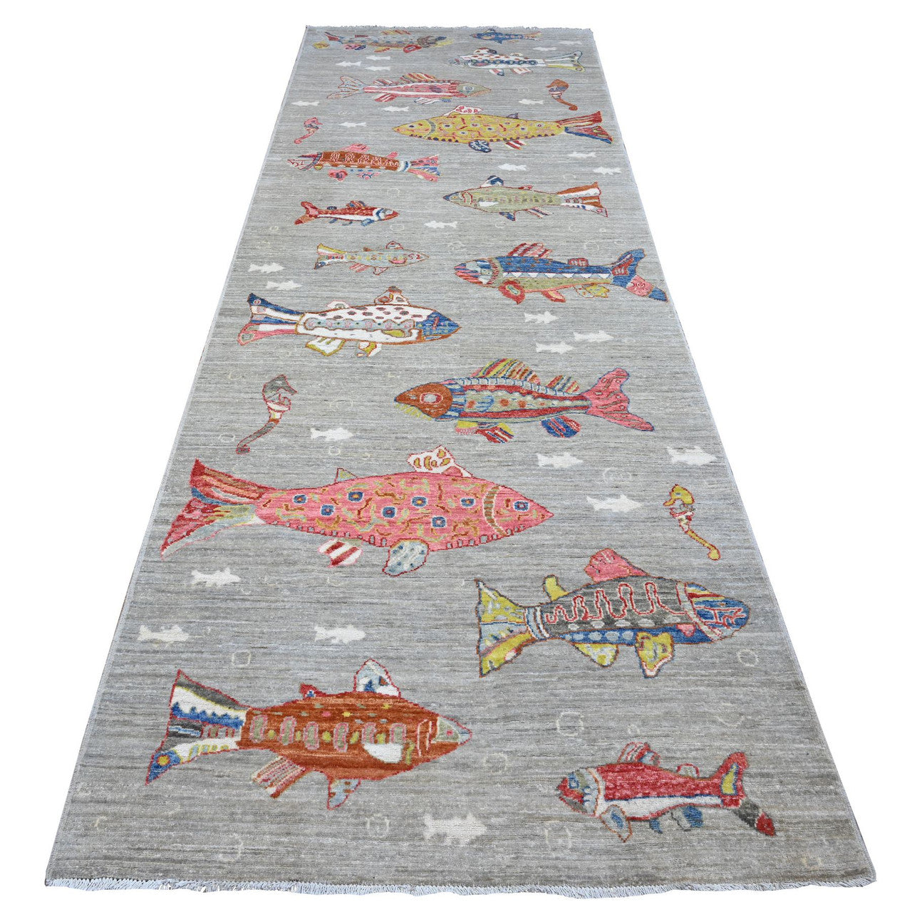 Gray 4'1" x 12'0" Modern and Contemporary Hand knotted Wool Rug - Sku: O089660