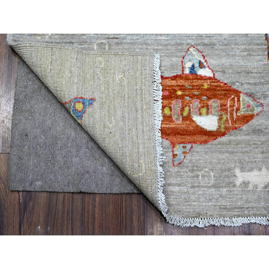 Modern and Contemporary Wool Hand Knotted Rug Grey No Border 4.1X12.0 -O089660