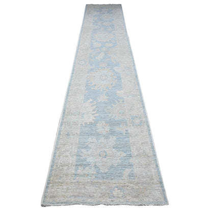 Oushak And Peshawar Wool Hand Knotted Rug Blue Gray 2.9X15.4 -O089681
