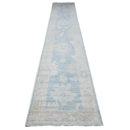 Oushak And Peshawar Wool Hand Knotted Rug Blue Gray 2.9X15.4 -O089681