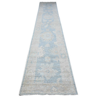 Oushak And Peshawar Wool Hand Knotted Rug Blue Gray 2.9X15.4 -O089681