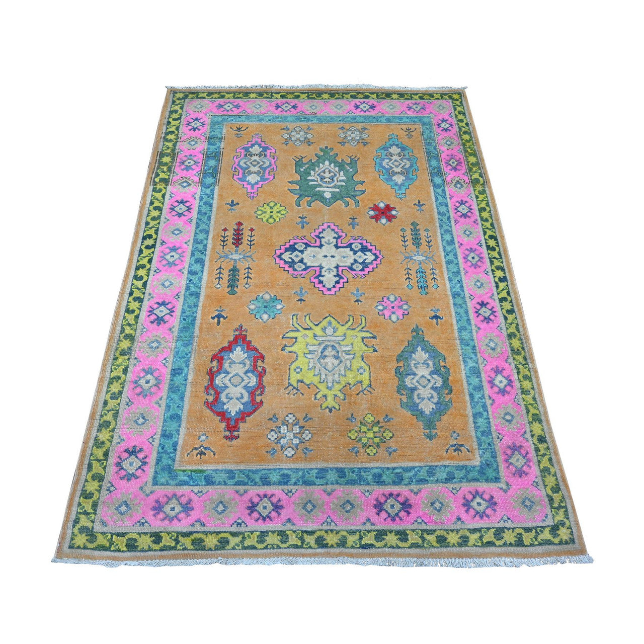 Kazak Wool Hand Knotted Rug Orange Pink 3.11X5.9 -O089711