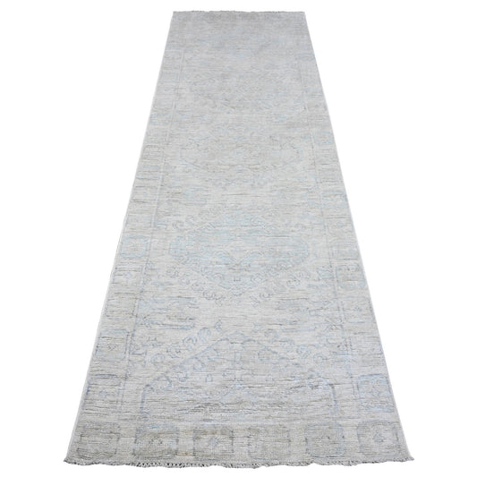 Oushak And Peshawar Wool Hand Knotted Rug Ivory Ivory 2.11X9.4 -O089721