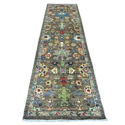 Oushak And Peshawar Wool Hand Knotted Rug Brown 3.2x11.8 -O089817