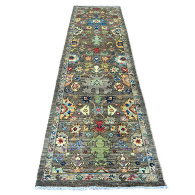 Oushak And Peshawar Wool Hand Knotted Rug Brown 3.2x11.8 -O089817