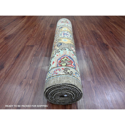Oushak And Peshawar Wool Hand Knotted Rug Brown 3.2x11.8 -O089817