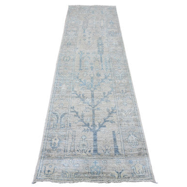 Oushak And Peshawar Wool Hand Knotted Rug Ivory 2.10x10.0 -O089878