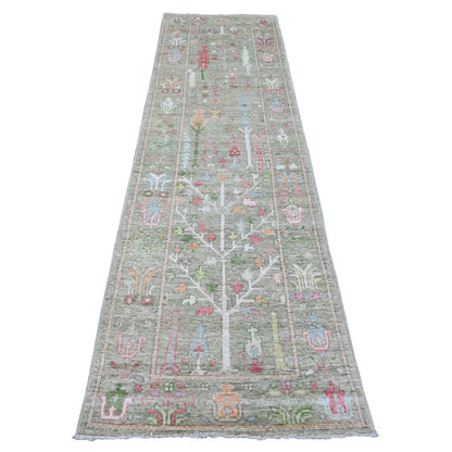 Oushak And Peshawar Wool Hand Knotted Rug Green 2.9x9.10 -O089881