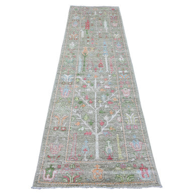 Oushak And Peshawar Wool Hand Knotted Rug Green 2.9x9.10 -O089881
