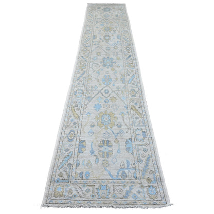 Oushak And Peshawar Wool Hand Knotted Rug Ivory 2.8x13.6 -O089892