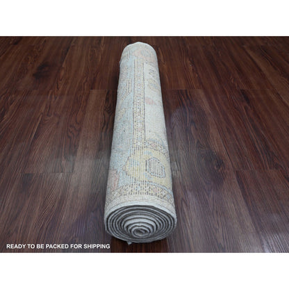 Oushak And Peshawar Wool Hand Knotted Rug Ivory 2.7x9.8 -O089902