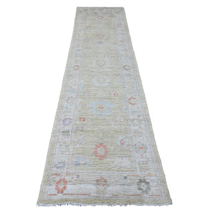 Oushak And Peshawar Wool Hand Knotted Rug Green 2.9x11.3 -O089932