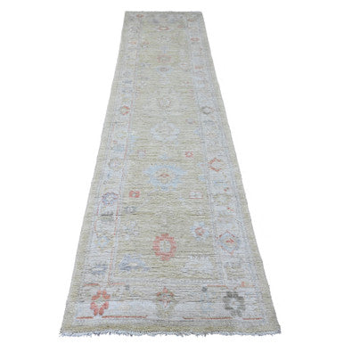 Oushak And Peshawar Wool Hand Knotted Rug Green 2.9x11.3 -O089932