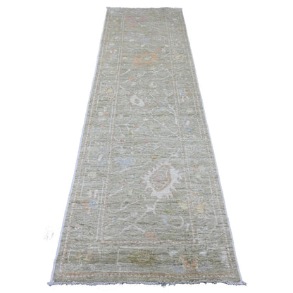Oushak And Peshawar Wool Hand Knotted Rug Green 2.9x9.11 -O089937