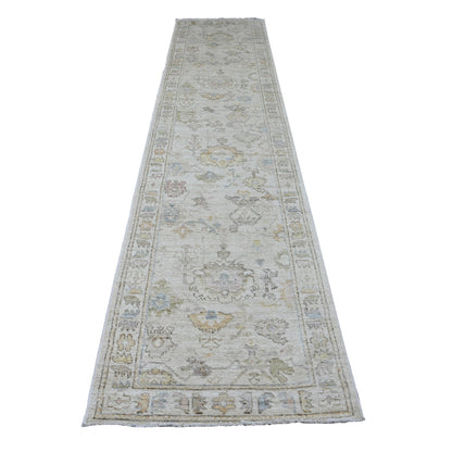 Oushak And Peshawar Wool Hand Knotted Rug Ivory 2.10x12.7 -O089942