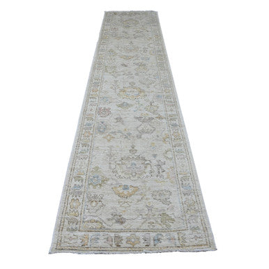 Oushak And Peshawar Wool Hand Knotted Rug Ivory 2.10x12.7 -O089942