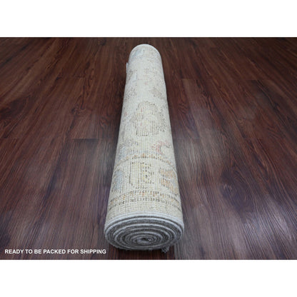 Oushak And Peshawar Wool Hand Knotted Rug Ivory 2.10x12.7 -O089942