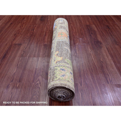 Oushak And Peshawar Wool Hand Knotted Rug Brown 2.10x10.4 -O089956