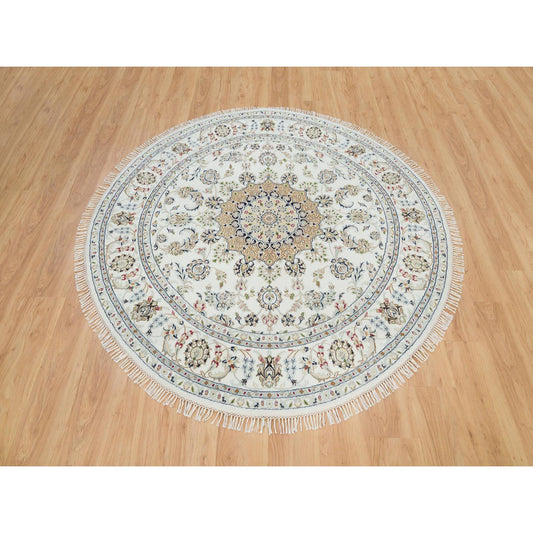 Fine Oriental Wool Hand Knotted Rug Ivory Ivory 6.5X6.5 -O090004