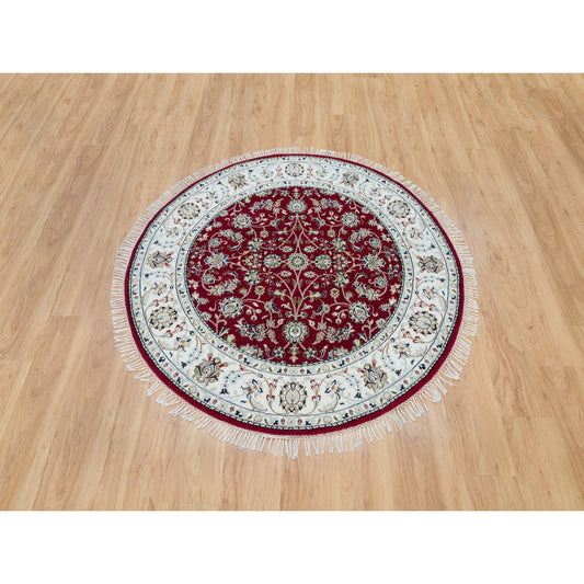Fine Oriental Wool Hand Knotted Rug Red Ivory 4.10X4.10 -O090018