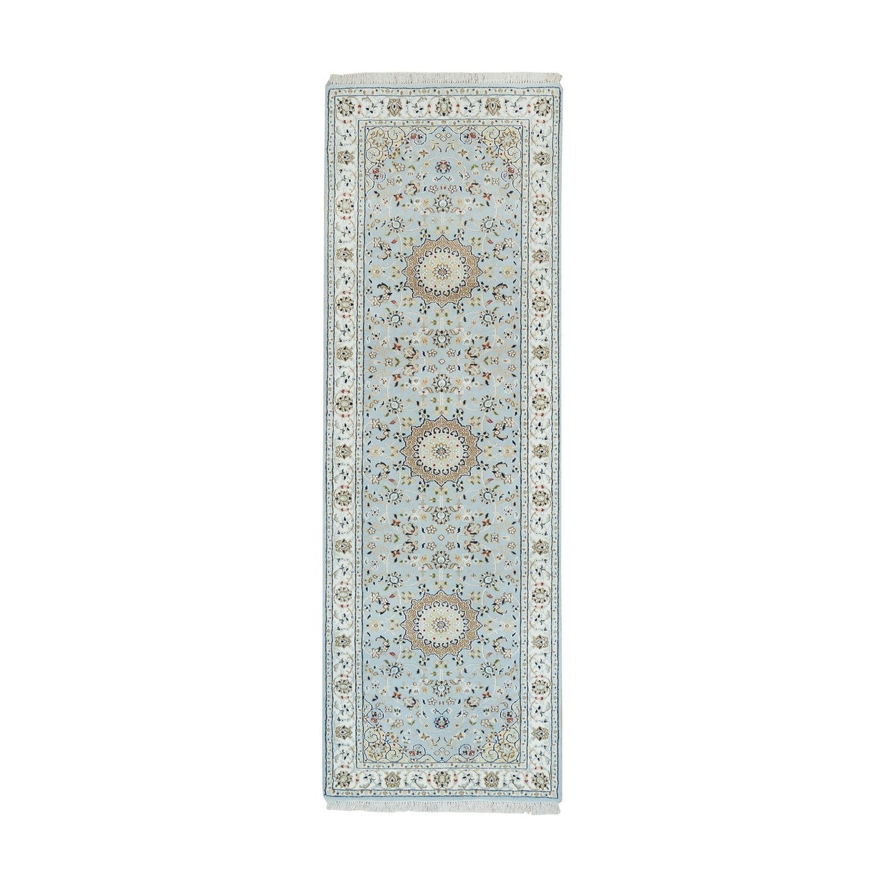 Fine Oriental Wool Hand Knotted Rug Blue Ivory 2.9X8.4 -O090030