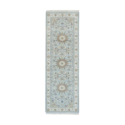 Fine Oriental Wool Hand Knotted Rug Blue Ivory 2.9X8.4 -O090030