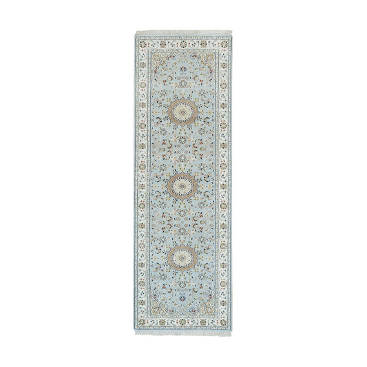 Fine Oriental Wool Hand Knotted Rug Blue Ivory 2.9X8.4 -O090030