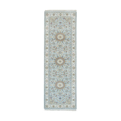 Fine Oriental Wool Hand Knotted Rug Blue Ivory 2.9X8.4 -O090030