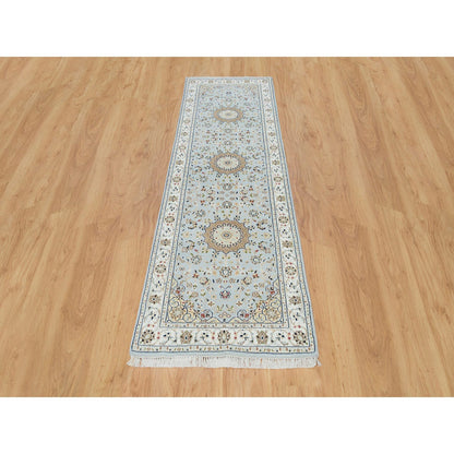 Fine Oriental Wool Hand Knotted Rug Blue Ivory 2.9X8.4 -O090030