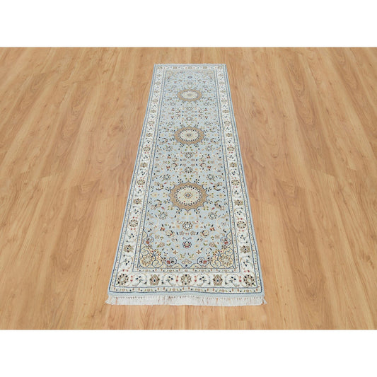 Fine Oriental Wool Hand Knotted Rug Blue Ivory 2.9X8.4 -O090030