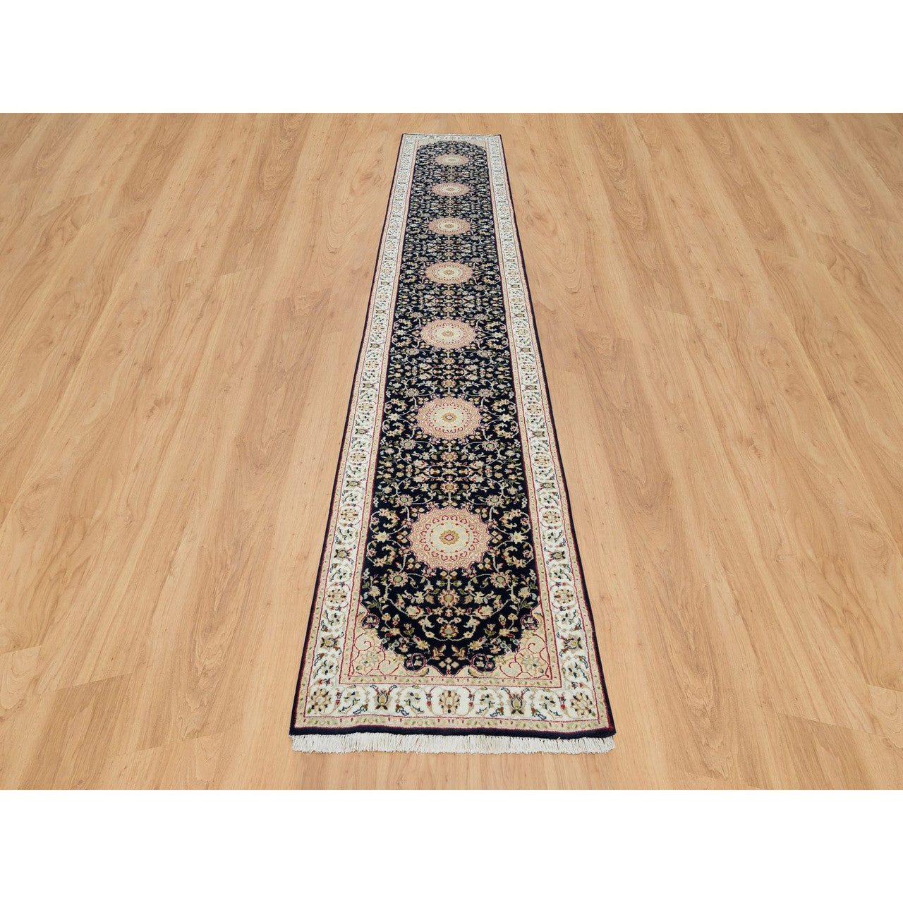 Fine Oriental Wool Hand Knotted Rug Blue Ivory 2.8X15.10 -O090034