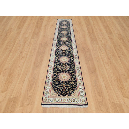 Fine Oriental Wool Hand Knotted Rug Blue Ivory 2.8X15.10 -O090034