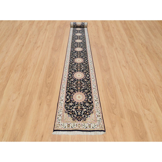 Fine Oriental Wool Hand Knotted Rug Blue Ivory 2.7X24.5 -O090036