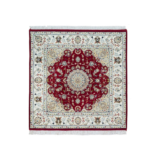 Fine Oriental Wool Hand Knotted Rug Red Ivory 4.1X4.1 -O090057