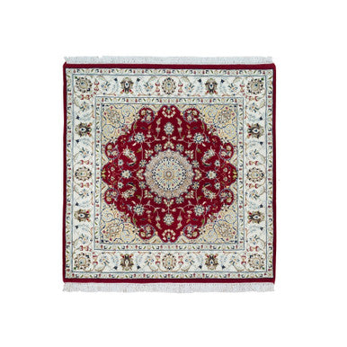 Fine Oriental Wool Hand Knotted Rug Red Ivory 4.1X4.1 -O090057