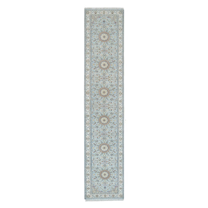 Fine Oriental Wool Hand Knotted Rug Blue Ivory 2.9X14.0 -O090063