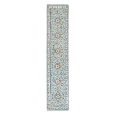 Fine Oriental Wool Hand Knotted Rug Blue Ivory 2.9X14.0 -O090063