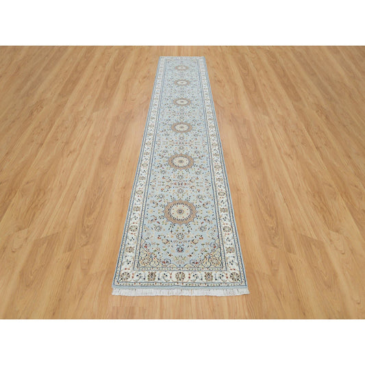 Fine Oriental Wool Hand Knotted Rug Blue Ivory 2.9X14.0 -O090063